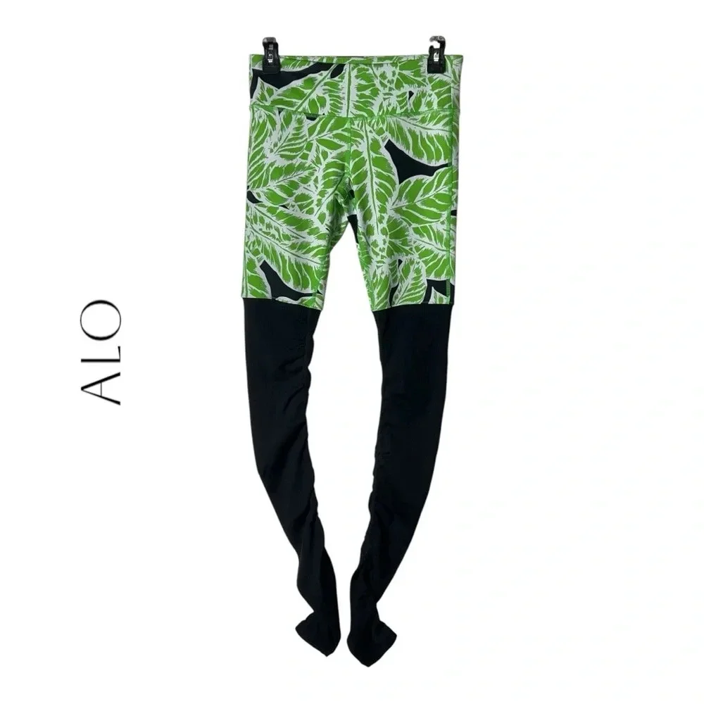 2030. ALO YOGA GODDESS LEGGINGS PRINT PALM SPRING GLOWSTICK BLACK SIZE SMALL NWT
